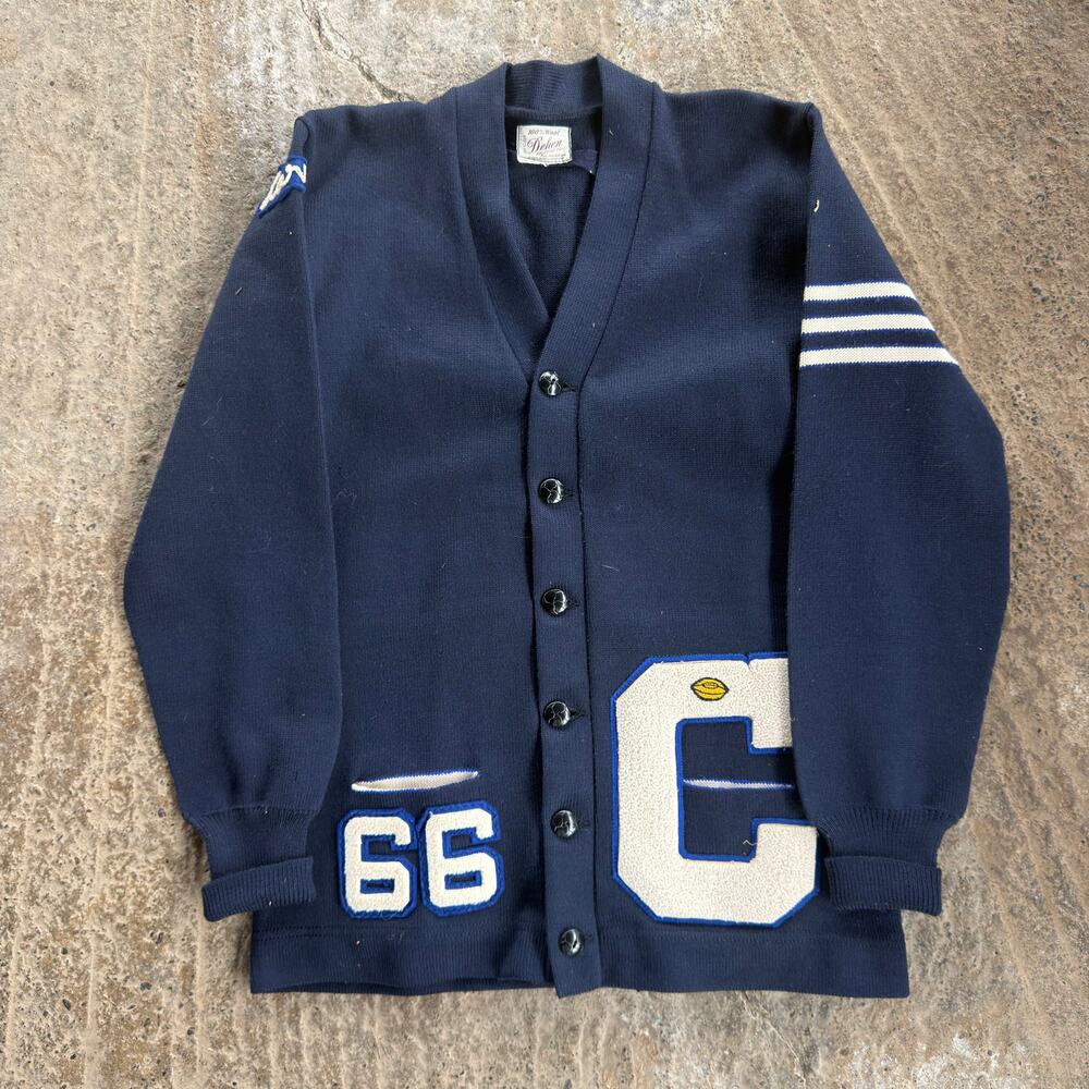 Vtg Behen Knitting Varsity Cardigan Chenille C Patch Navy 1966 Blue Collegiate M
